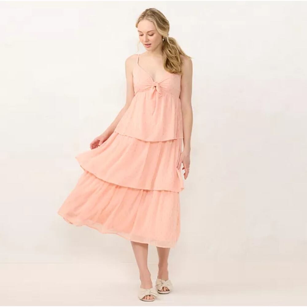 LAUREN CONRAD STRAPPY Front Tie Midi Dress  Large Pink